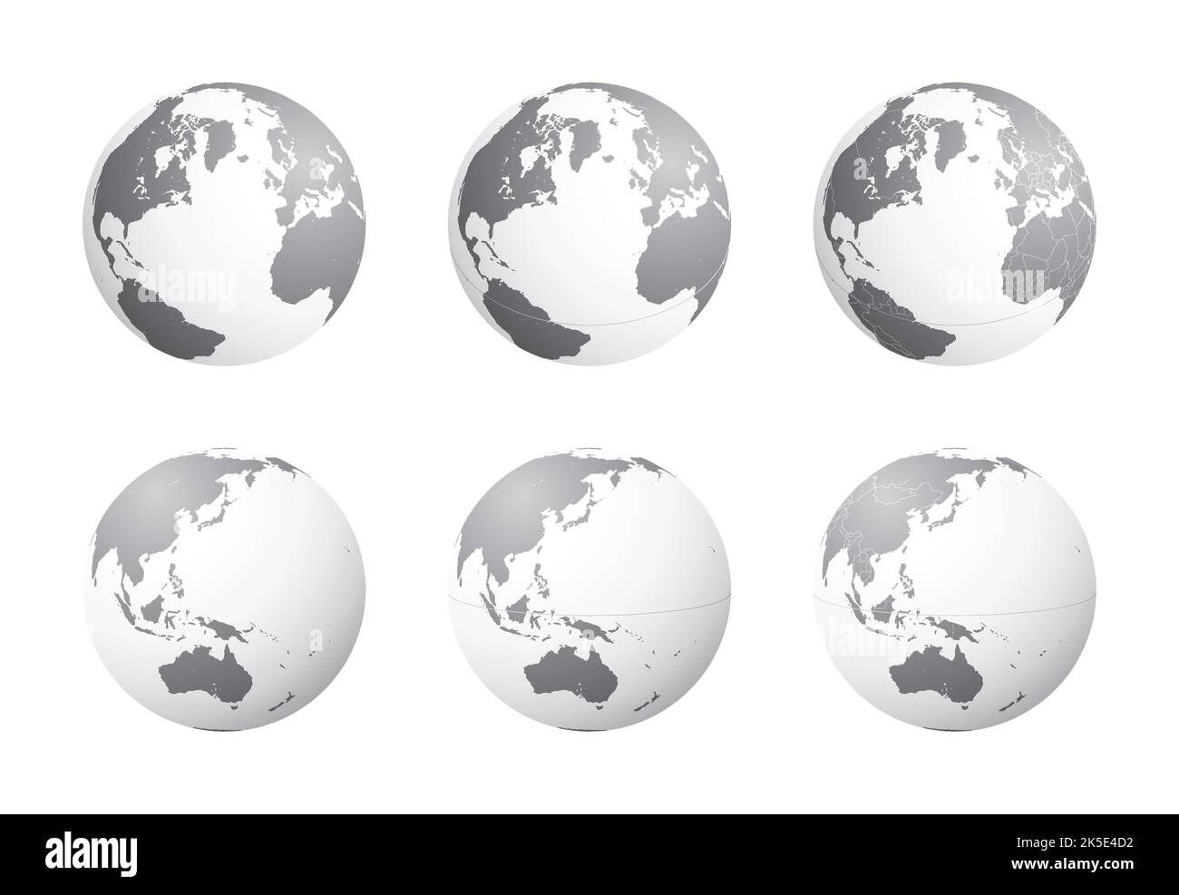 Set of Earth globes focusing on the North Atlantic (top row) and the East Asia and Oceania (bottom row). Carefully layered and grouped for easy editin Stock Vector