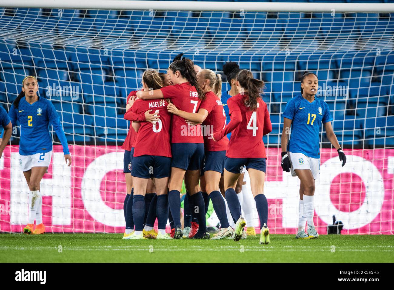 Oslo, Norway. 07th Oct, 2022. Celin Bizet (13) of Norway scores for 1-2 during the Women's football friendly between Norway and Brazil at Ullevaal Stadion in Oslo. (Photo Credit: Gonzales Photo/Alamy Live News Stock Photo