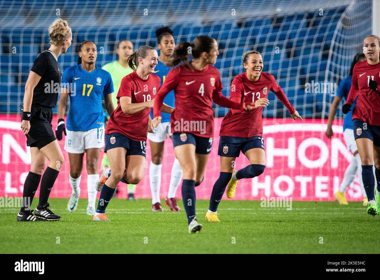 Oslo, Norway. 07th Oct, 2022. Celin Bizet (13) of Norway scores for 1-2 during the Women's football friendly between Norway and Brazil at Ullevaal Stadion in Oslo. (Photo Credit: Gonzales Photo/Alamy Live News Stock Photo