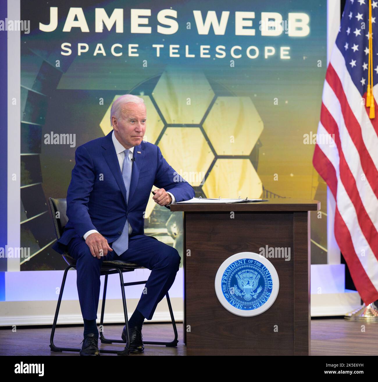 U.S. President Joe Biden talks with NASA Administrator Bill Nelson in a meeting where they previewed images from NASA’s James Webb Space Telescope, Monday, July 11, 2022, in the South Court Auditorium in the Eisenhower Executive Office Building on the White House complex in Washington. Stock Photo