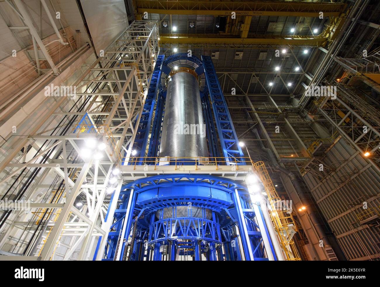 Engineers just completed welding the liquid hydrogen tank that will provide fuel for the first Space Launch System (SLS) flight in 2018. The tank measures more than 130 feet tall, comprises almost two-thirds of the core stage and holds 537,000 gallons of liquid hydrogen -- which is cooled to minus 423 degrees Fahrenheit. A unique version of an original NASA image. Credit: NASA/EBordelon Stock Photo