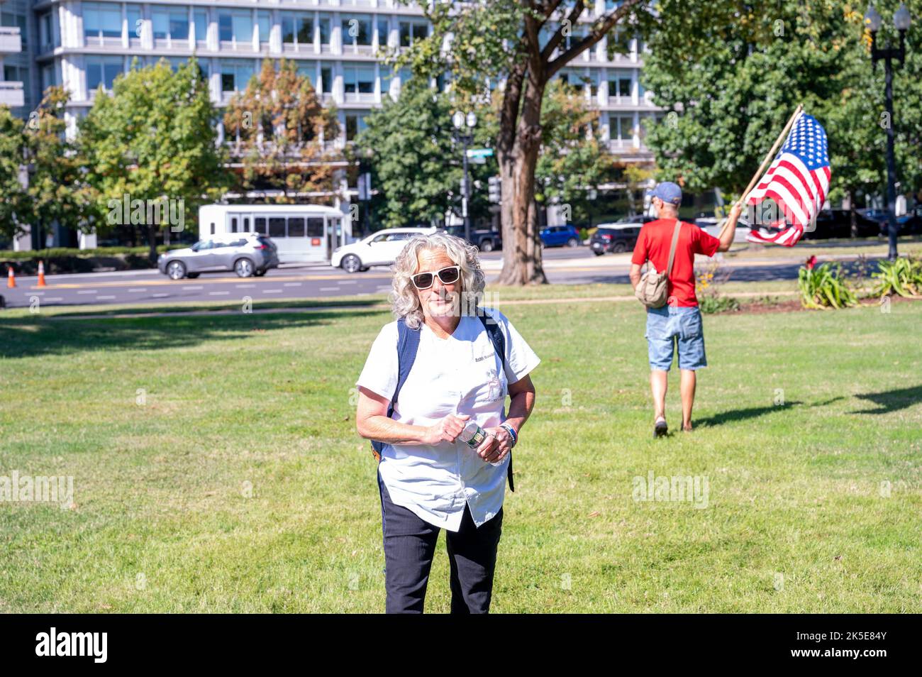 Washington, USA. 07th Oct, 2022. Micki Witthoeft, the mother of Ashli Babbitt, listens to speeches as supporters of President Trump gather near the U.S. Capitol to demonstrate against what they claim is tyranny on October 7, 2022 in Washington, DC (Photo by Matthew Rodier/Sipa USA) Credit: Sipa USA/Alamy Live News Stock Photo