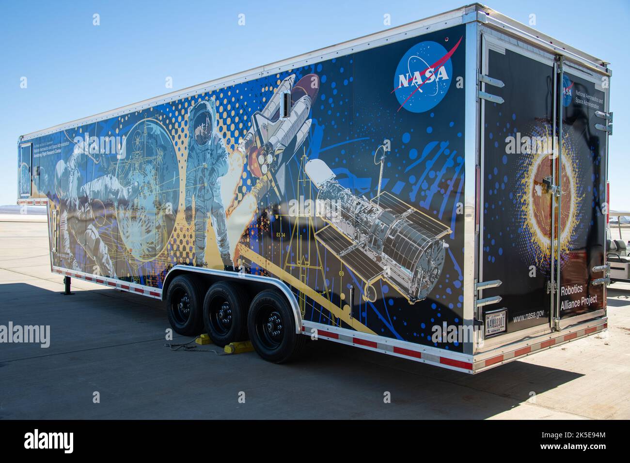 The Mobile Fabrication Shop was received at NASA Armstrong on February 7, 2022 as part of the Robotics Alliance Program based at NASA’s Johnson Space Center. This view shows the side and rear of the wrapped trailer that attends robotics competitions to help students during their robotics competitions. Stock Photo