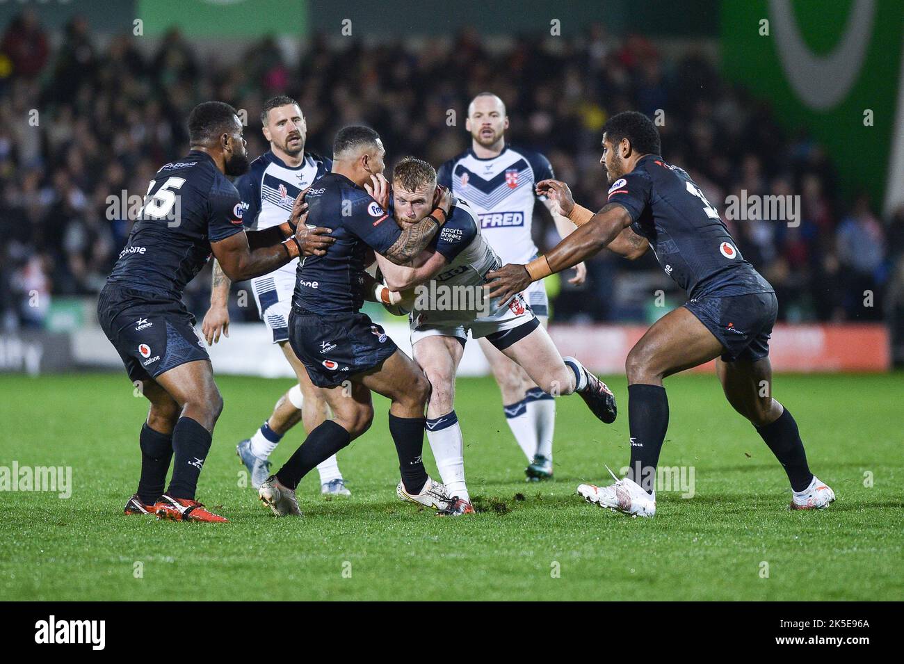 Salford, UK. 7th October 2022 - Luke Thompson of England tackled by ...