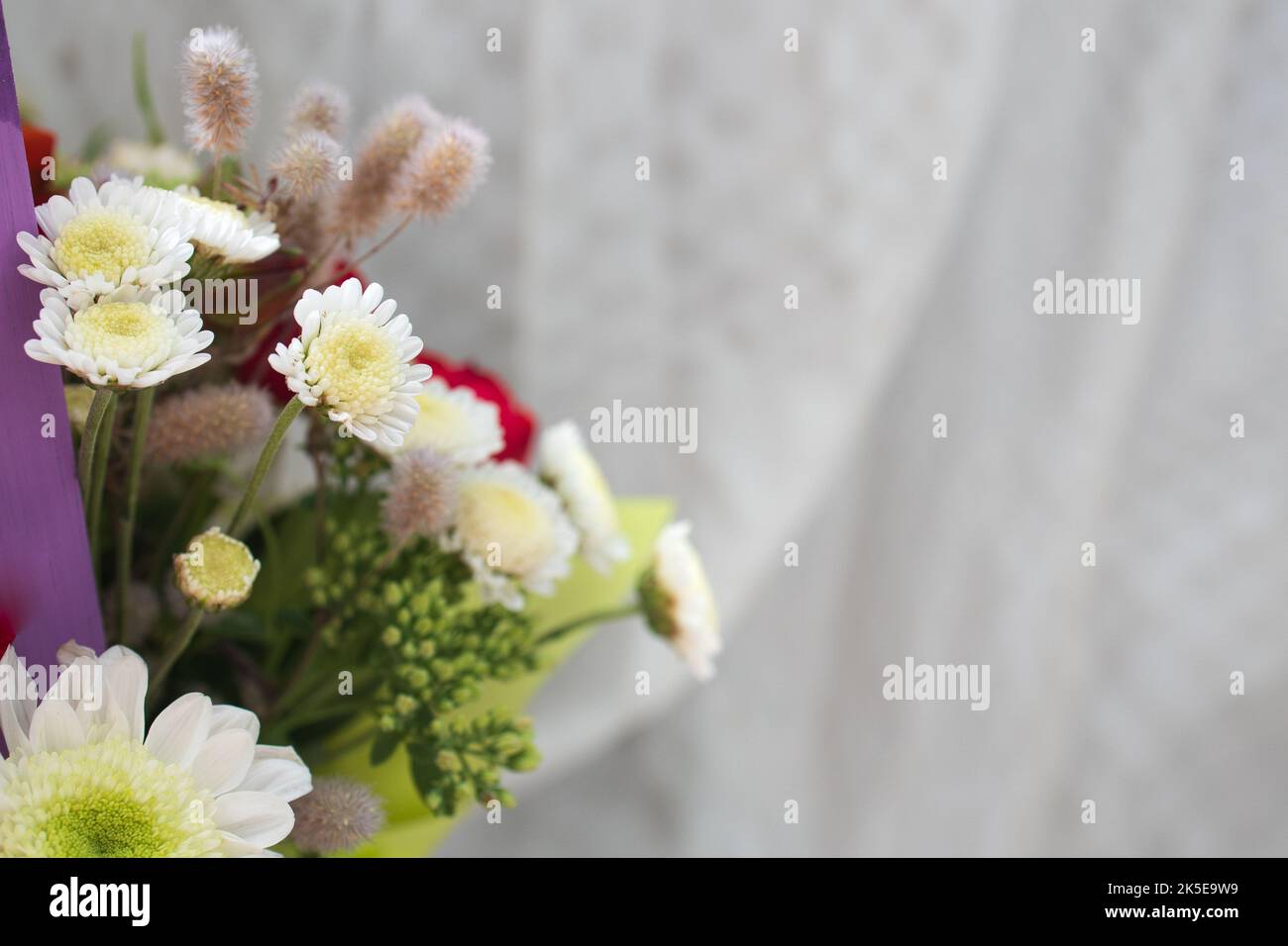beautiful bright bouquet in a purple basket on a white background, copy space. Stock Photo