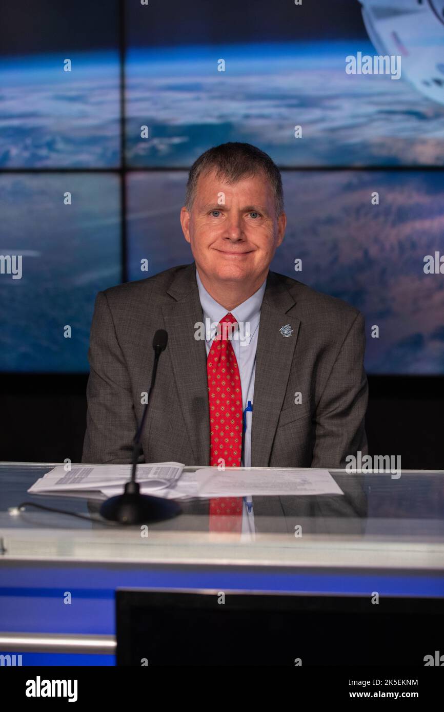 Steve Stich, manager, NASA’s Commercial Crew Program, participates in a Crew-4 postlaunch news conference April 27, 2022, at NASA’s Kennedy Space Center in Florida. The SpaceX Crew Dragon spacecraft, powered by the company’s Falcon 9 rocket, lifted off from Kennedy’s Launch Complex 39A at 3:52 a.m. EDT on April 27. Named Freedom by mission astronauts Kjell Lindgren, Bob Hines, Jessica Watson, and Samantha Cristoforetti, Dragon is scheduled to dock to the space station today at 8:15 p.m. EDT. Stock Photo
