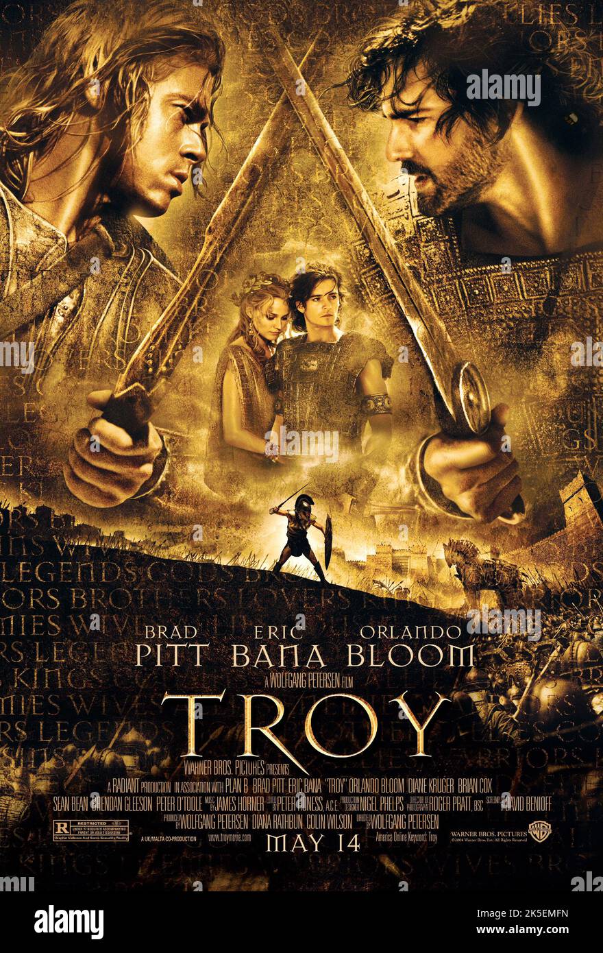 BRAD PITT, DIANE KRUGER, ORLANDO BLOOM, ERIC BANA MOVIE POSTER, TROY, 2004 Stock Photo