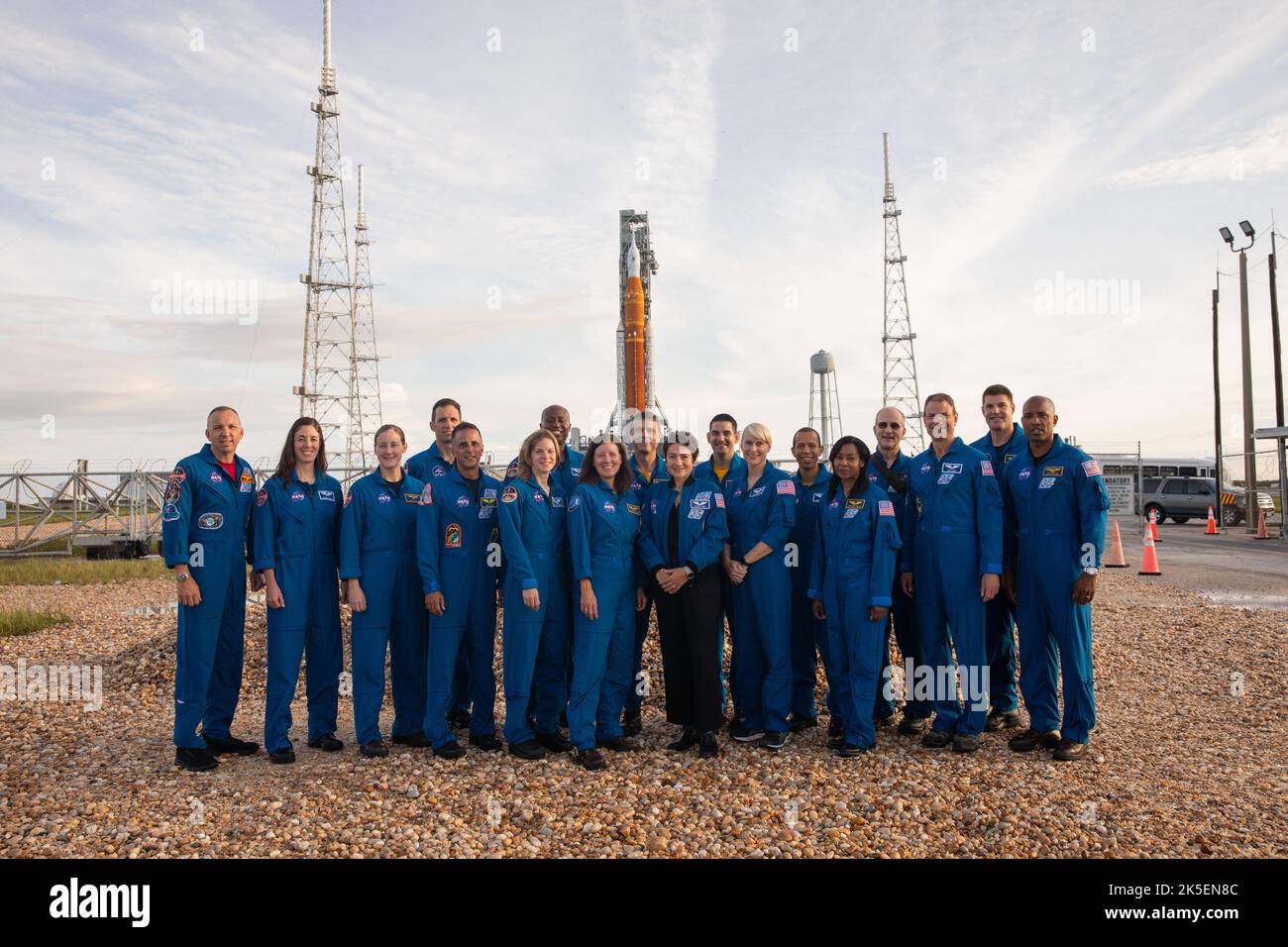Astronauts and astronaut candidates from NASA and the Canadian Space Agency pose for a photograph in front of NASA’s Artemis I Space Launch System and Orion spacecraft atop the mobile launcher on the pad at Launch Complex 39B on Aug. 28, 2022. The astronauts are, from left to right: Randy Bresnik, NASA astronaut; Christina Birch, NASA astronaut candidate; Jessica Wittner, NASA astronaut candidate; Joshua Kutryk, Canadian Space Agency astronaut; Joe Acaba, NASA astronaut; Zena Cardman, NASA astronaut; Andre Douglas, NASA astronaut candidate; Shannon Walker, NASA astronaut; Reid Wiseman, NASA as Stock Photo