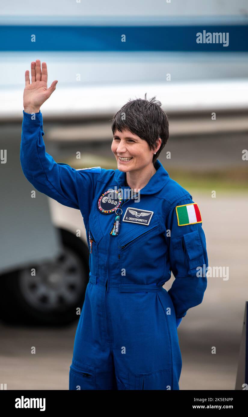ESA (European Space Agency) astronaut Samantha Cristoforetti speaks to members of the news media during crew arrival for NASA’s SpaceX Crew-4 mission at the Launch and Landing Facility at Kennedy Space Center in Florida on April 18, 2022. Cristoforetti,  along with NASA astronauts Bob Hines, Kjell Lindgren, and Jessica Watkins, will launch aboard SpaceX’s Crew Dragon and Falcon 9 rocket on April 23, 2022. Launch is targeted for 5:26 a.m. EDT from Kennedy’s Launch Complex 39A. Stock Photo
