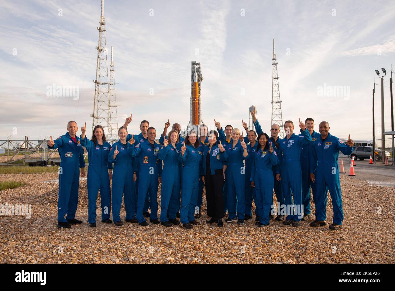 Astronauts and astronaut candidates from NASA and the Canadian Space Agency pose for a photograph in front of NASA’s Artemis I Space Launch System and Orion spacecraft atop the mobile launcher on the pad at Launch Complex 39B on Aug. 28, 2022. The astronauts are, from left to right: Randy Bresnik, NASA astronaut; Christina Birch, NASA astronaut candidate; Jessica Wittner, NASA astronaut candidate; Joshua Kutryk, Canadian Space Agency astronaut; Joe Acaba, NASA astronaut; Zena Cardman, NASA astronaut; Andre Douglas, NASA astronaut candidate; Shannon Walker, NASA astronaut; Reid Wiseman, NASA as Stock Photo