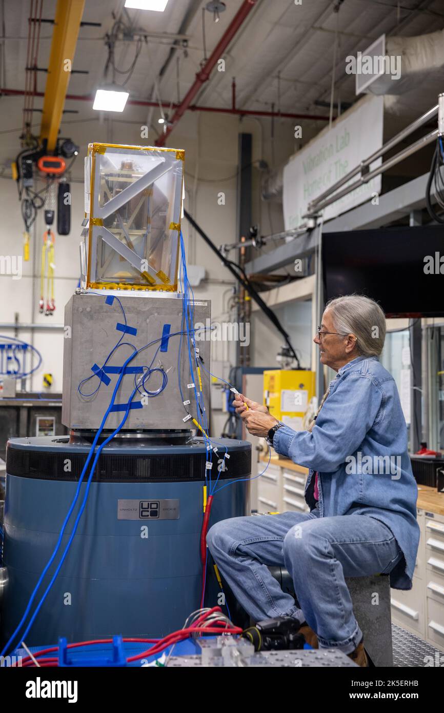 A Kennedy Space Center engineer prepares the Mass Spectrometer observing lunar operations (MSolo) instrument for vibration testing inside the Florida spaceport’s Cryogenics Laboratory on Aug. 3, 2022. MSolo is a commercial off-the-shelf mass spectrometer modified to work in space and will help analyze the chemical makeup of landing sites on the Moon, as well as study water on the lunar surface. Researchers and engineers are preparing MSolo instruments to launch on four robotic missions as part of NASA’s Commercial Lunar Payload Services – commercial deliveries beginning in 2023 that will perfo Stock Photo