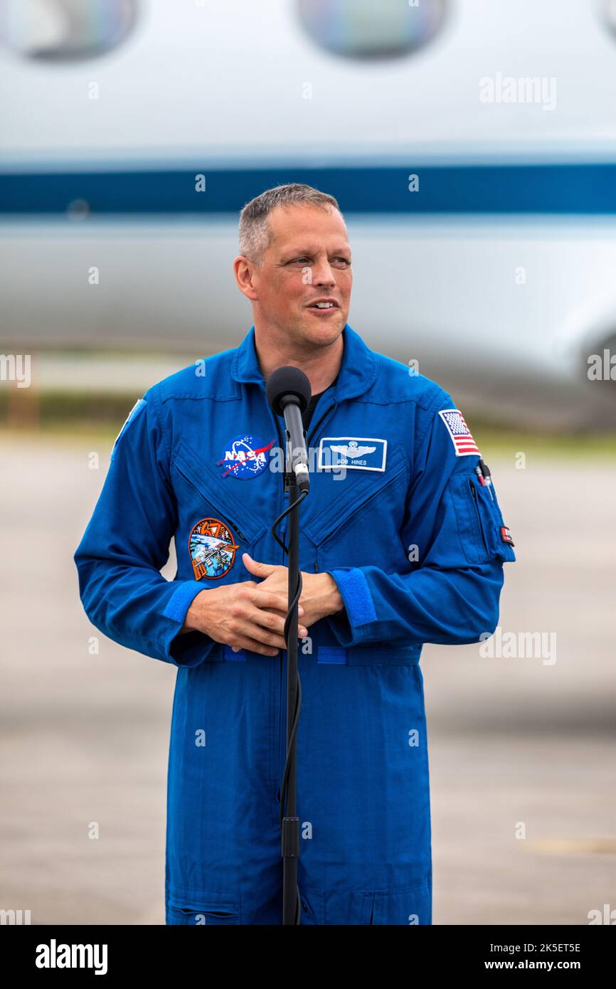 NASA astronaut Bob Hines speaks to members of the news media during crew arrival for NASA’s SpaceX Crew-4 mission at the Launch and Landing Facility at Kennedy Space Center in Florida on April 18, 2022. Hines, along with NASA astronauts Kjell Lindgren and Jessica Watkins, and ESA (European Space Agency) astronaut Samantha Cristoforetti, will launch aboard SpaceX’s Crew Dragon and Falcon 9 rocket on April 23, 2022. Launch is targeted for 5:26 a.m. EDT from Kennedy’s Launch Complex 39A. Stock Photo