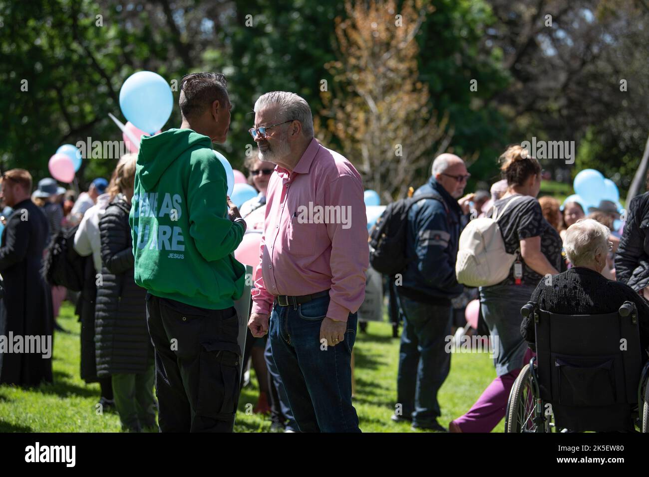 Melbourne, Australia, October 8th 2022. Liberal MP Bernie Finn speaks with a protester at an anti-abortion march. Credit: Jay Kogler/Alamy Live News Stock Photo