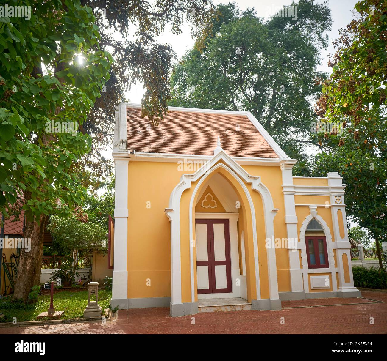 An unusual Thai temple that is constructed in the design of a christian church, taken at Ayutthaya, Thailand. Stock Photo