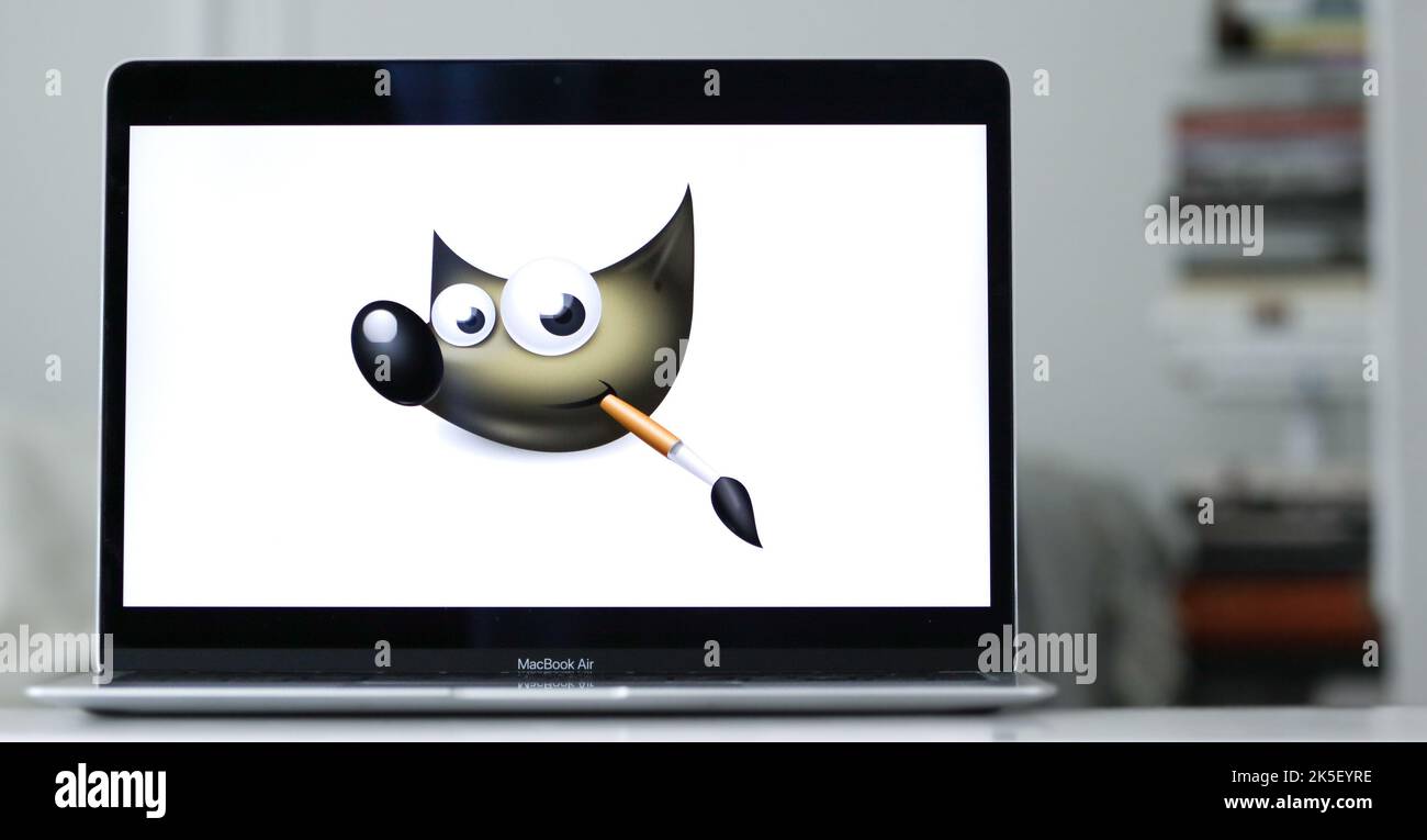The logo of Gimp, or GNU Image Manipulation Program, a free and open-source photo editing app, displayed on a laptop Stock Photo