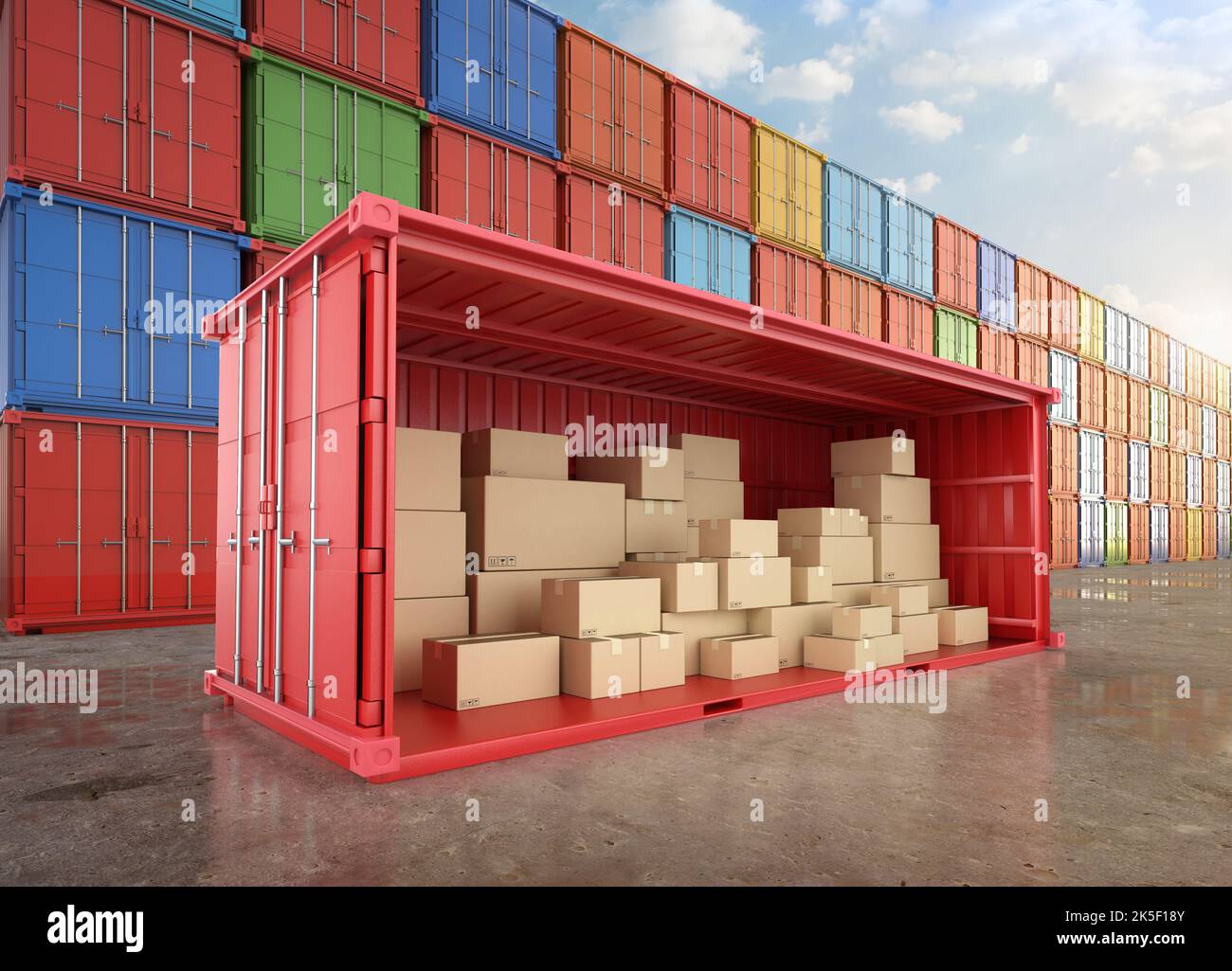 Logistic business with 3d rendering heap of carton boxes or cardboard ...