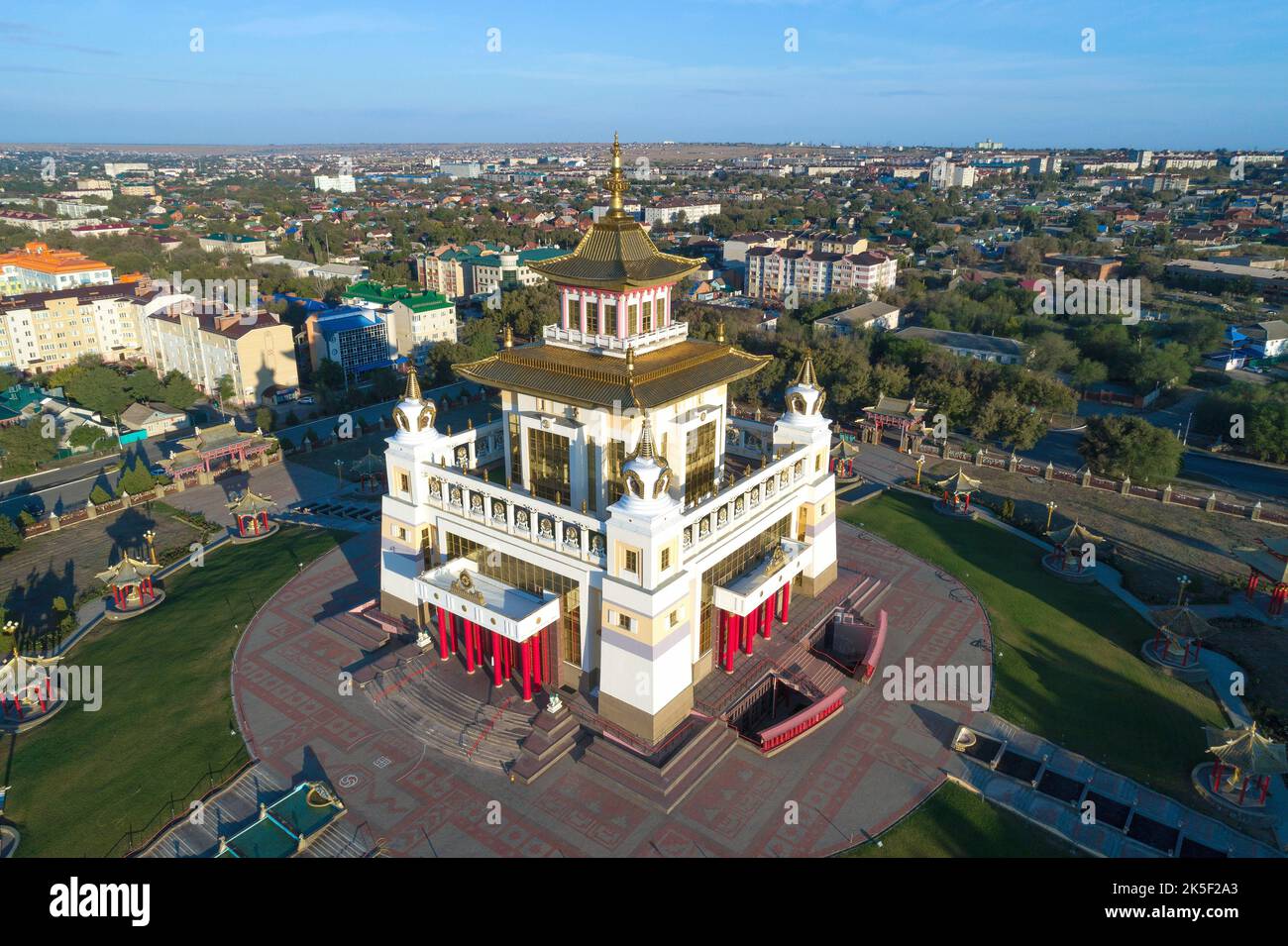 ELISTA, RUSSIA - SEPTEMBER 21, 2021: Buddhist Temple 'Golden Abode of Buddha Shakyamuni' in the cityscape on a sunny September morning (aerial view) Stock Photo