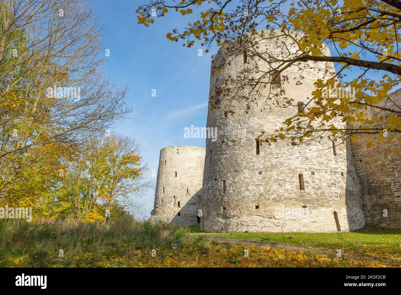 Sunny October day at the ancient towers of the Izborsk fortress. Pskov region, Russia Stock Photo
