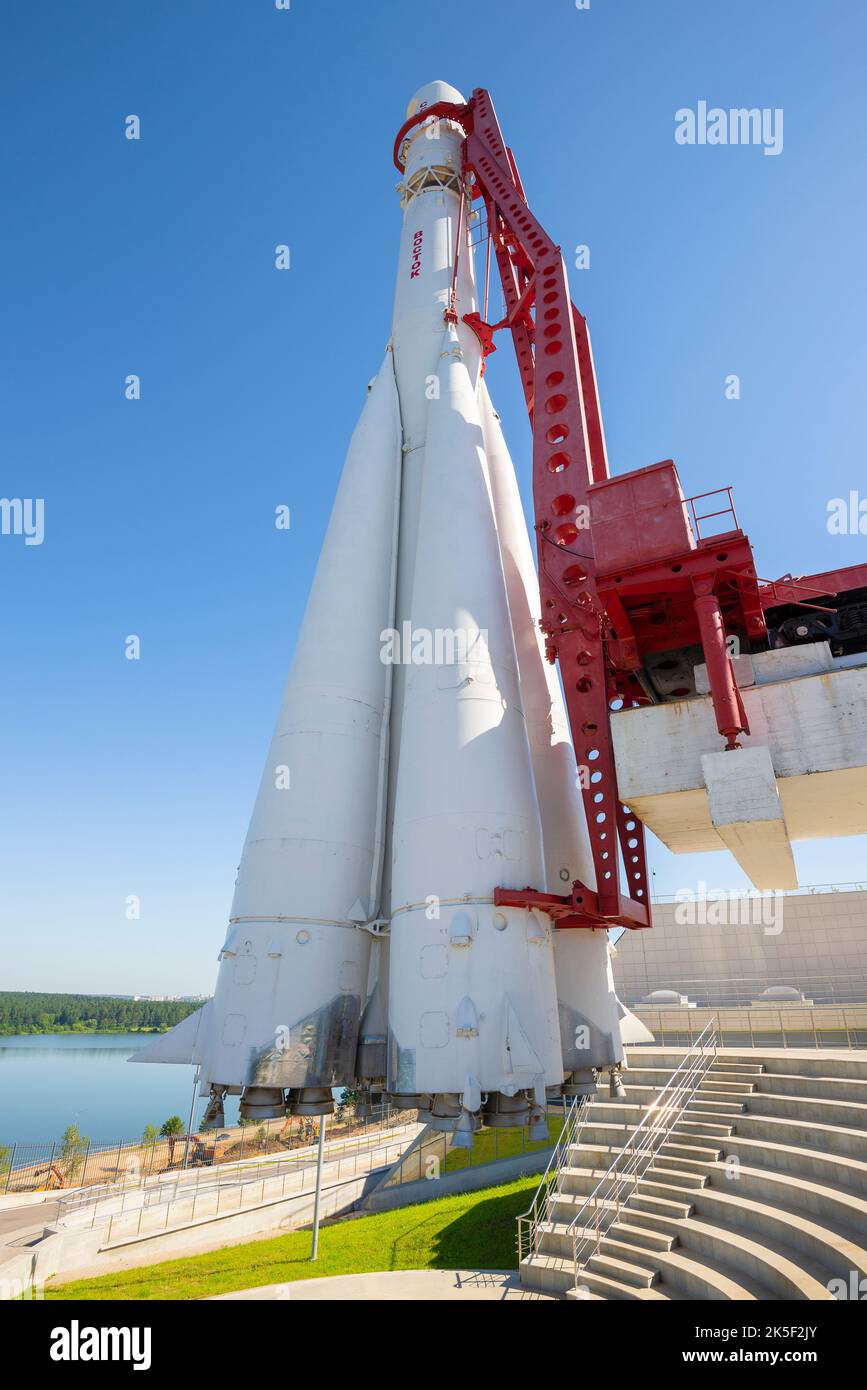 KALUGA, RUSSIA - JULY 07, 2021: Soviet space rocket Vostok close-up on a sunny July day. Museum of Cosmonautics named of Tsiolkovsky Stock Photo
