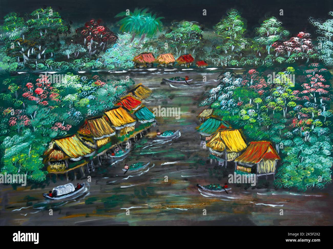 Oil painting of small village of Floating homes on the river Stock ...