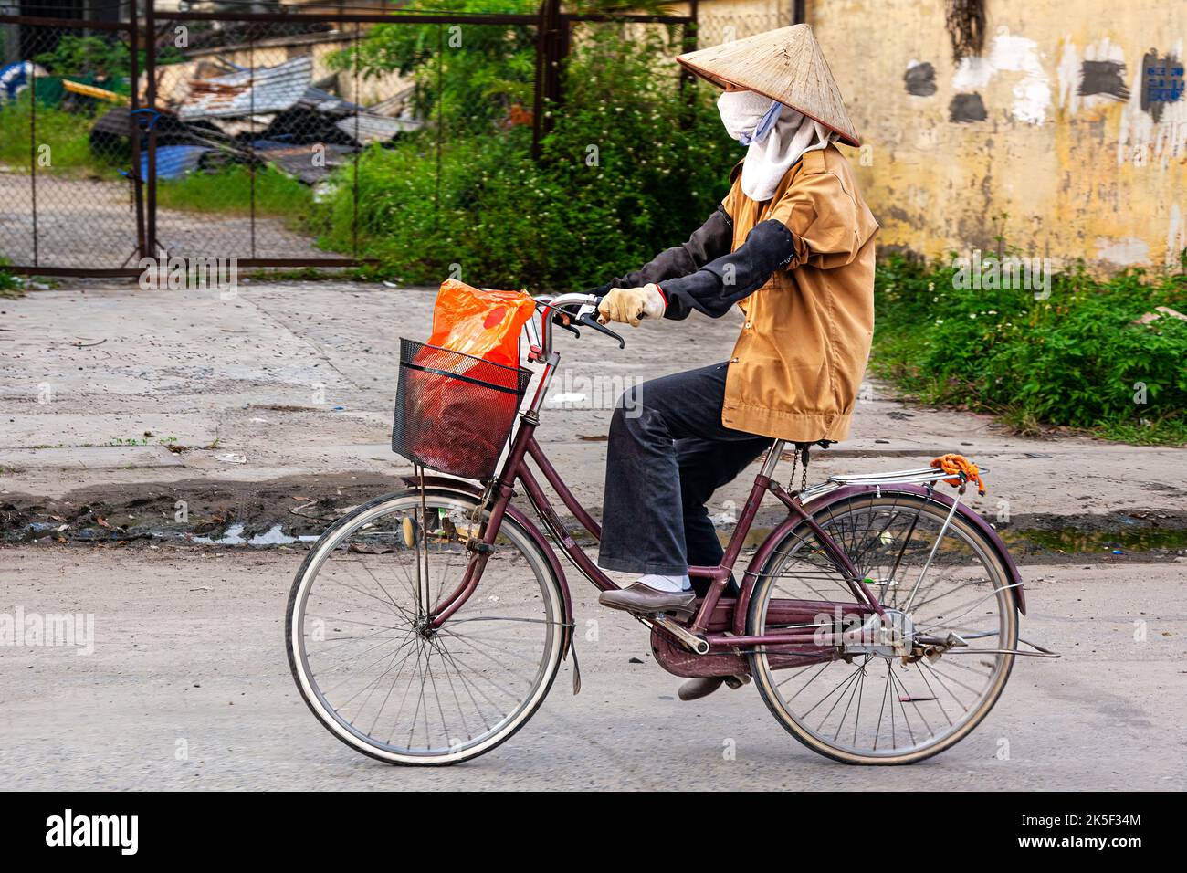 Vietnamese lady wearing bamboo hat riding bicycle, Hai Phong, Vietnam Stock Photo