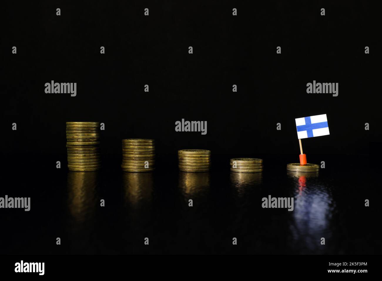 Finland economic recession, financial crisis and currency depreciation concept. Finnish flag in decreasing stack of coins in dark black background. Stock Photo