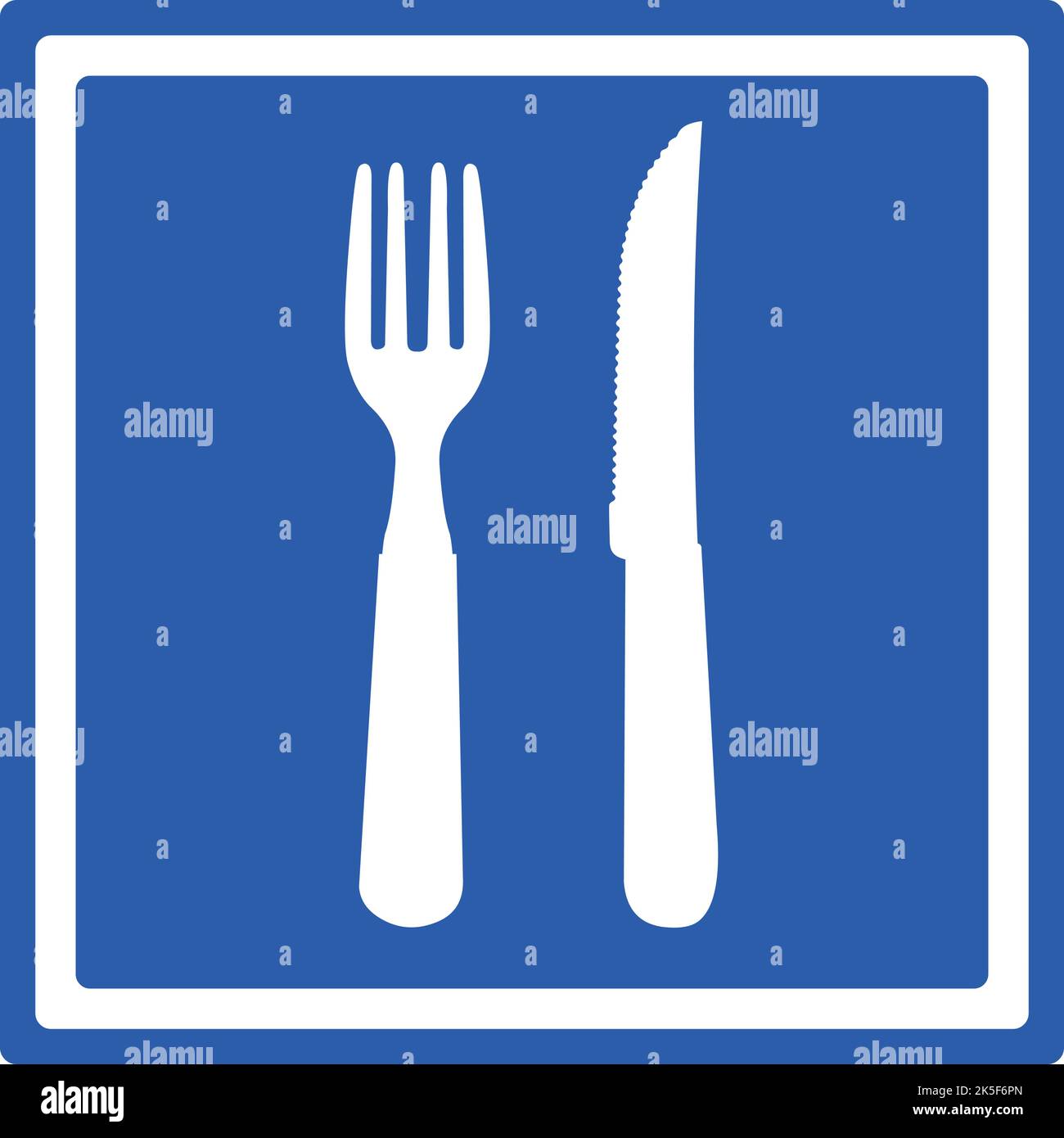 Vector illustration of square traffic sign of blue and white color, indicating restaurant area Stock Vector