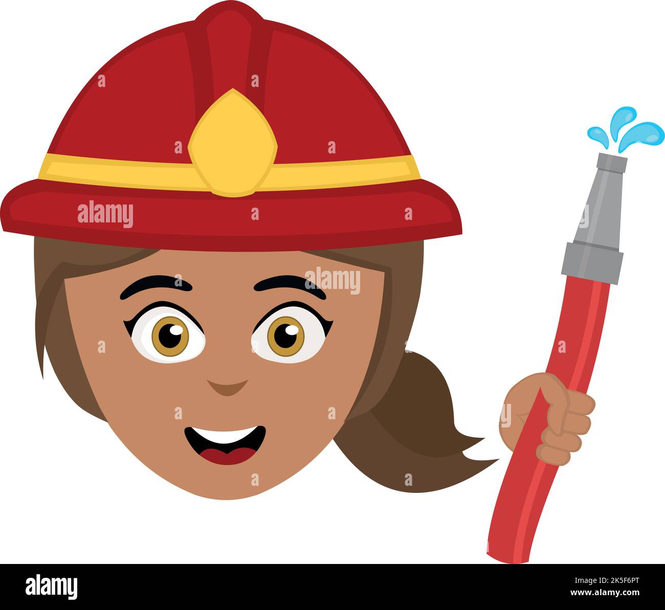 Vector illustration of the face of a cartoon girl firefighter with a helmet and a hose in his hand Stock Vector