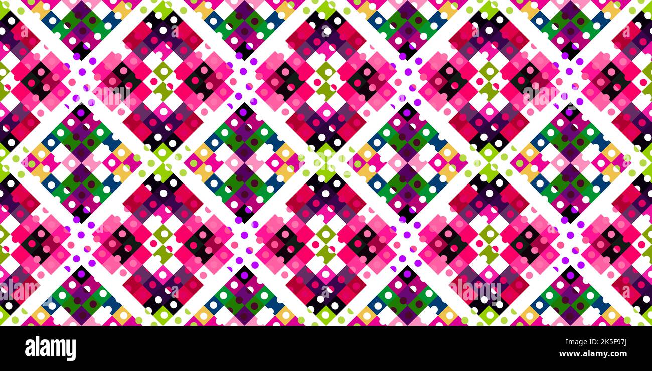 Whimsical geometric pixel pattern. Playful fun kaleidoscopic pink ...