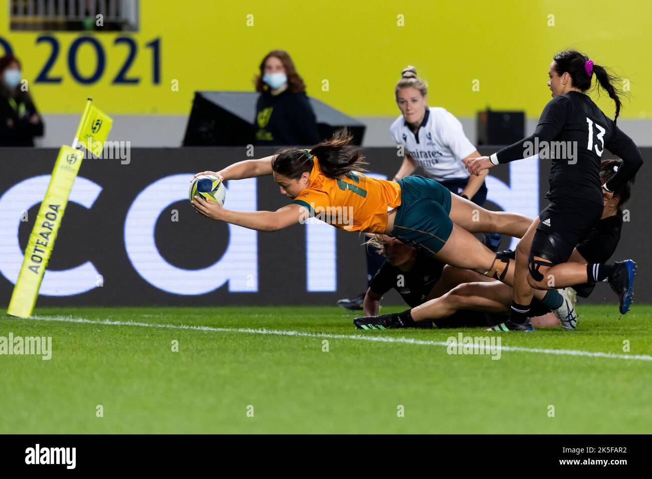 Australia's winger Bienne Terita dives over for her 2nd try during the