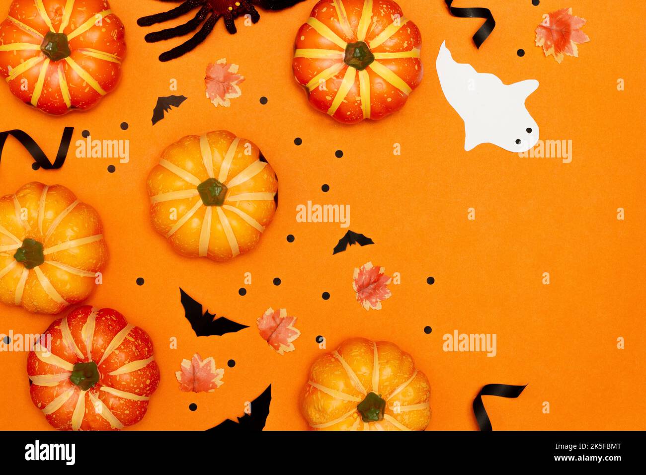 Halloween concept, Scary smiling pumpkins with ghost and black bat with ...