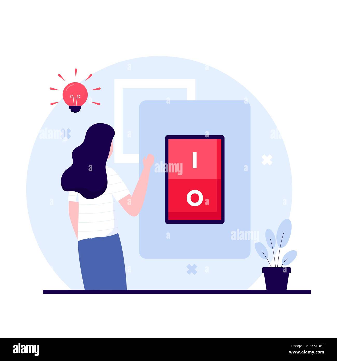 Flat design of people press switch light concept. Illustration for websites, landing pages, mobile applications, posters and banners. Trendy flat vect Stock Photo