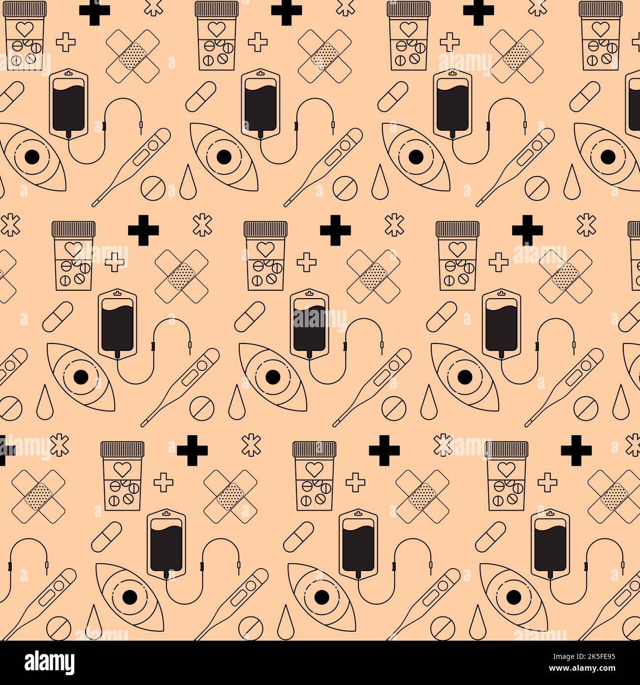 medical pattern with pills crosses drops thermometer eye patch drip Stock Vector