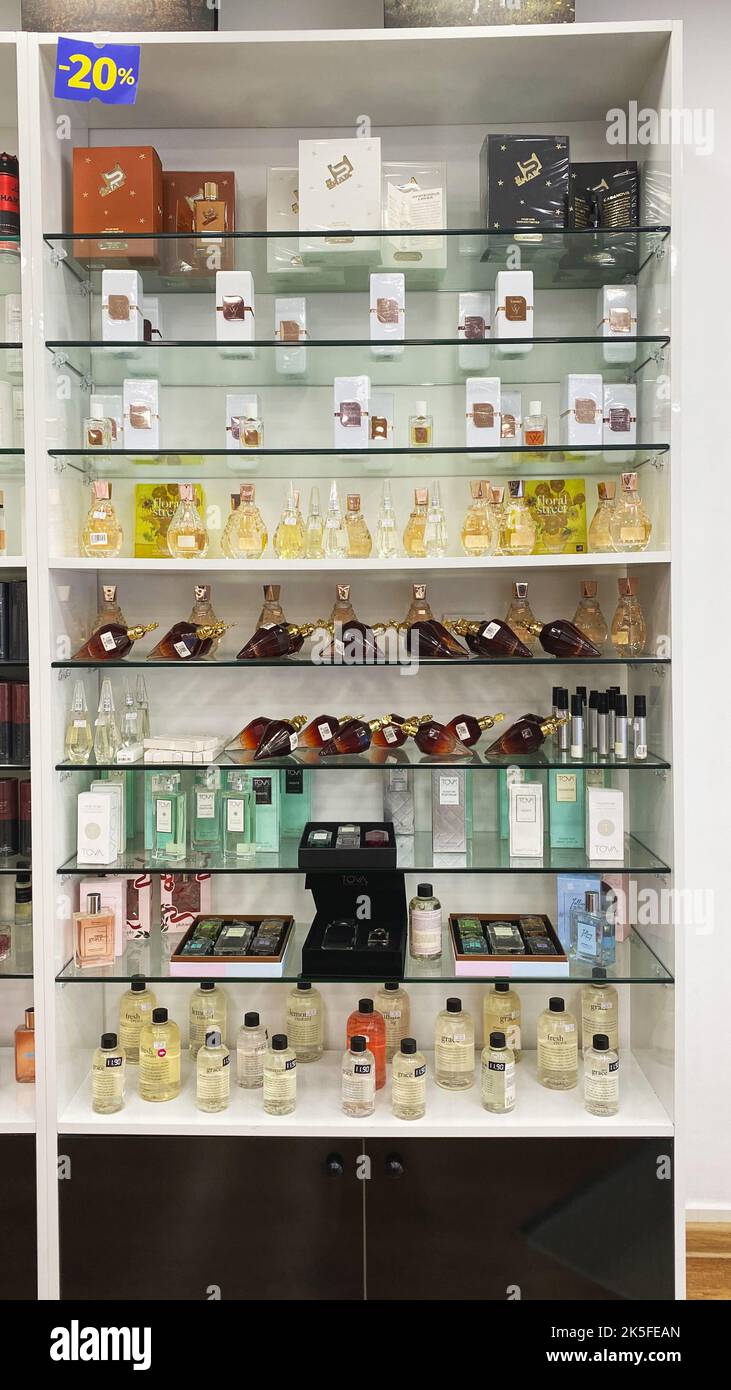 TBILISI, GEORGIA - May 14, 2022: Skincare and cosmetic products on display in a department store. Stock Photo