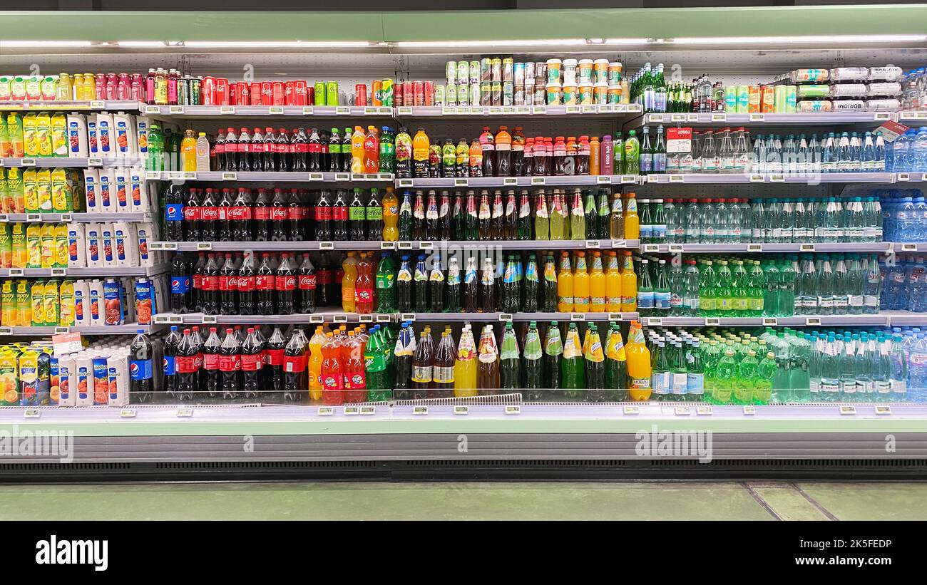 TBILISI , GEORGIA - AUGUST 29, 2022: Agrohub is a big supermarket in Tbilisi. Large fridge with drinks Stock Photo