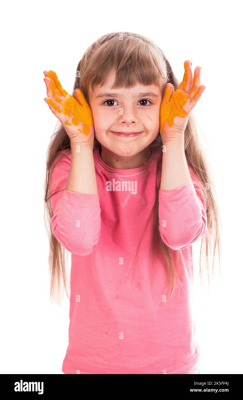 Children's painting. Little girl draws the sun.The girl painted the sun