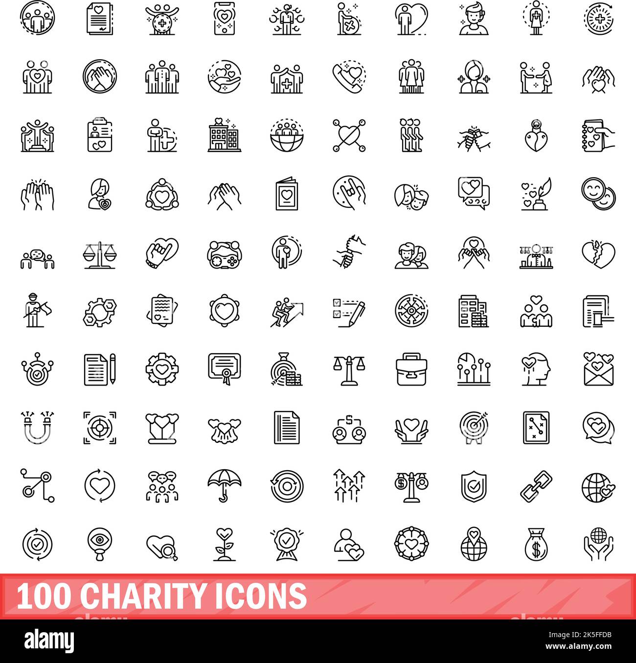 100 charity icons set. Outline illustration of 100 charity icons vector ...