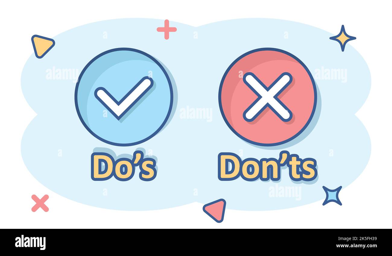 Do's and don'ts sign icon in comic style. Like, unlike vector cartoon