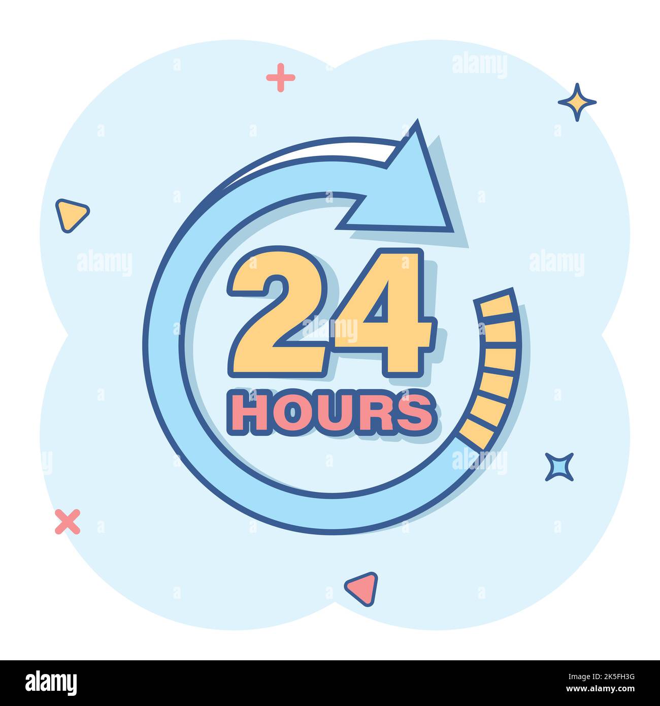 24 hours clock sign icon in comic style. Twenty four hour open vector cartoon illustration on white isolated background. Timetable business concept sp Stock Vector