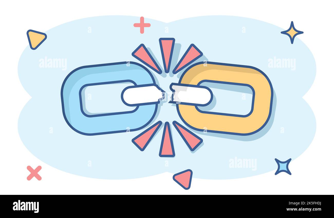 Broken chain sign icon in comic style. Disconnect link vector cartoon ...