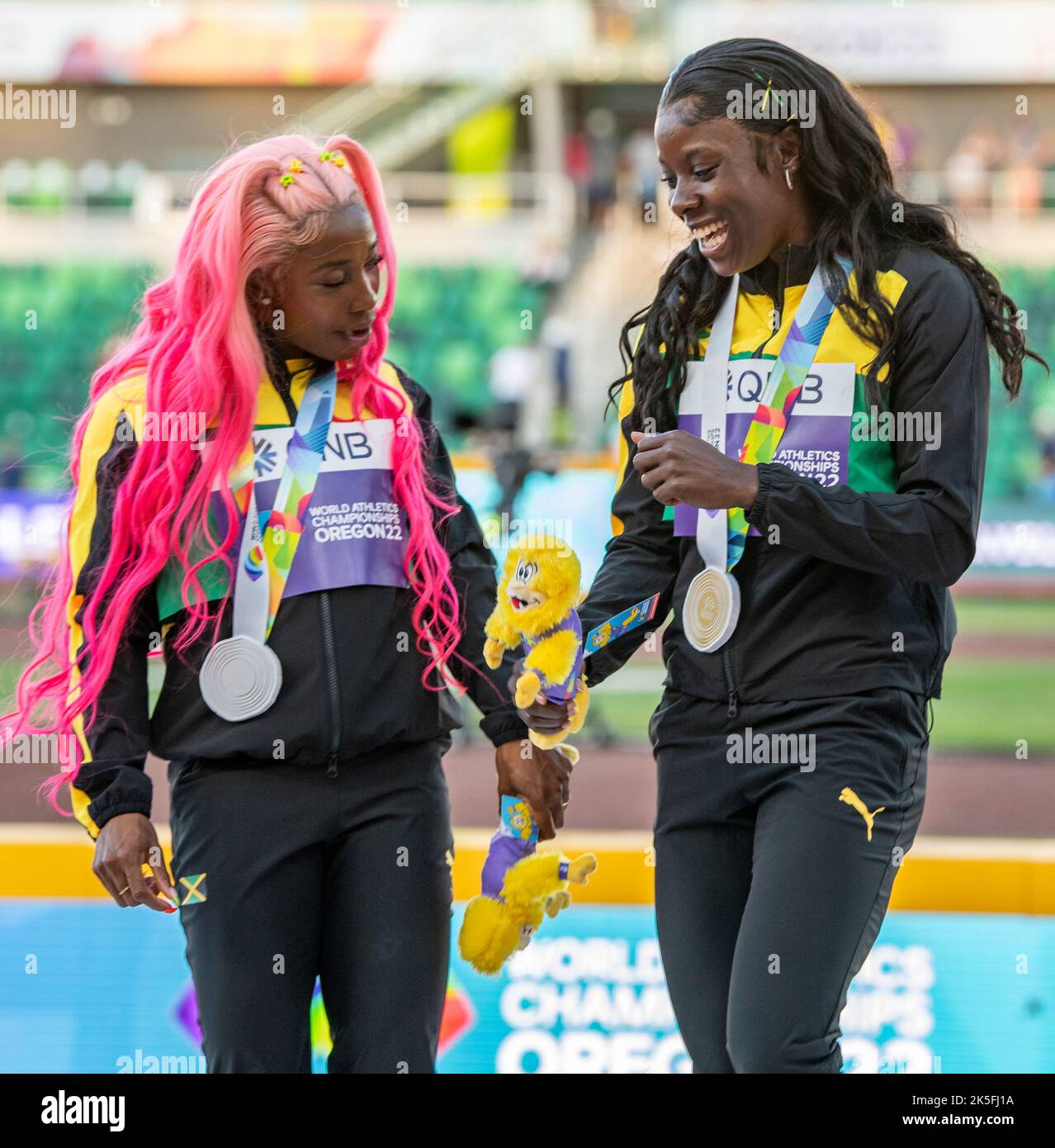 ShellyAnn FraserPryce and Shericka Jackson of Jamaica medal