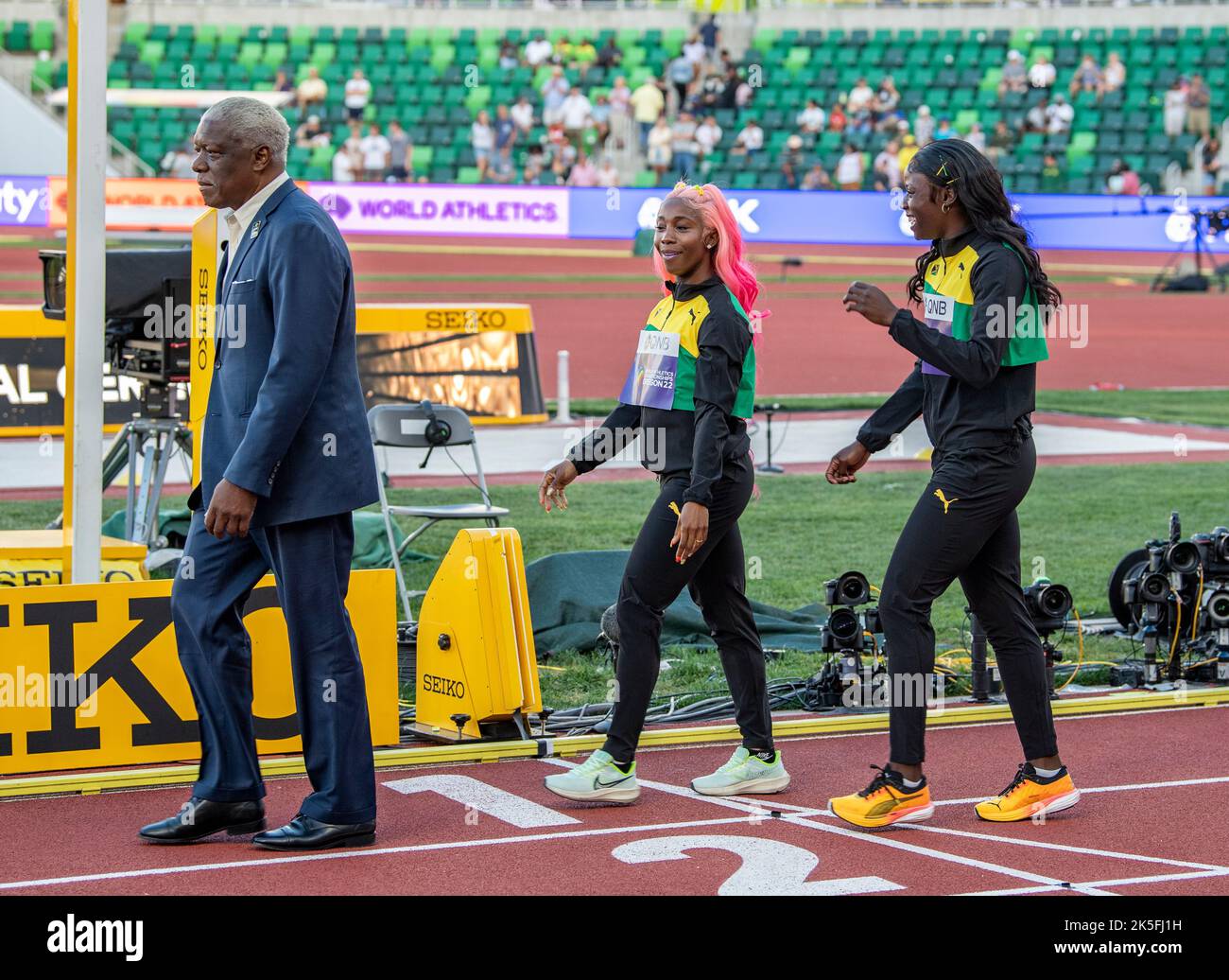 ShellyAnn FraserPryce and Shericka Jackson of Jamaica medal