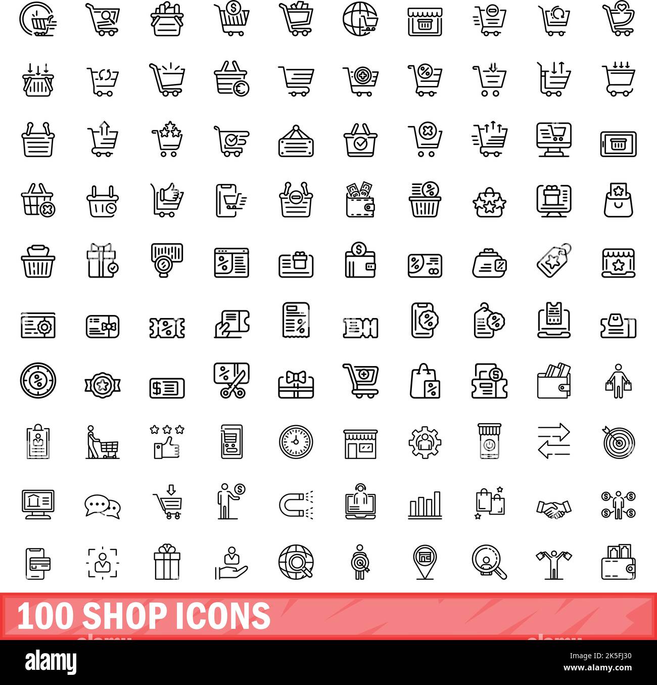 100 shop icons set. Outline illustration of 100 shop icons vector set isolated on white background Stock Vector