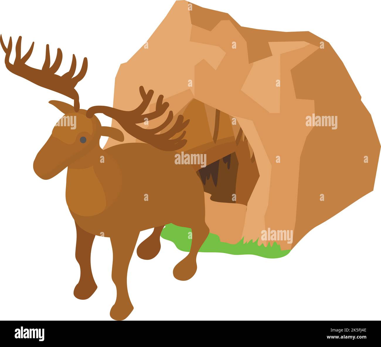Wild animal icon isometric vector. Wild brown elk near stone cave entrance icon. Animal world, evolution Stock Vector