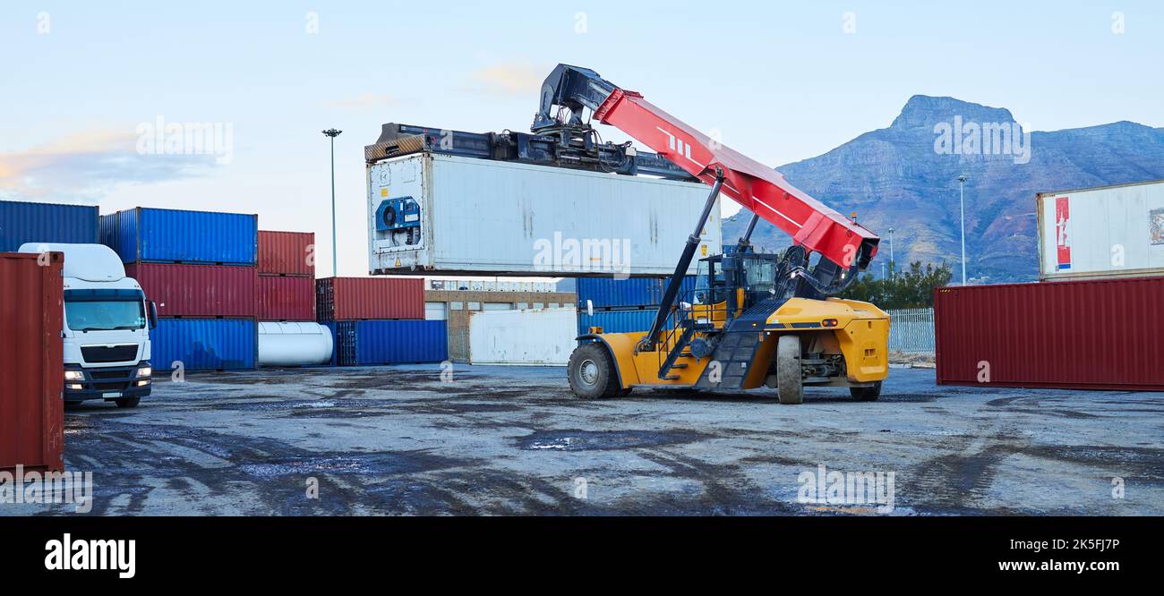 Forklift, shipping logistics and manufacturing container warehouse