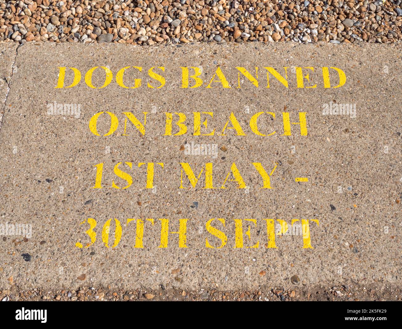 "Dogs Banned on Beach 1st May 30th Sept" notice on the edge of the