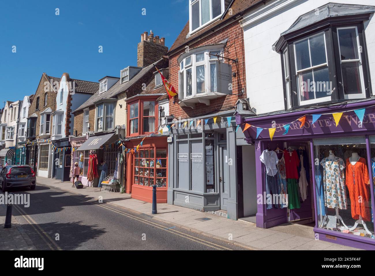 General view of shops on Harbour Street, Whitstable, Kent, UK Stock