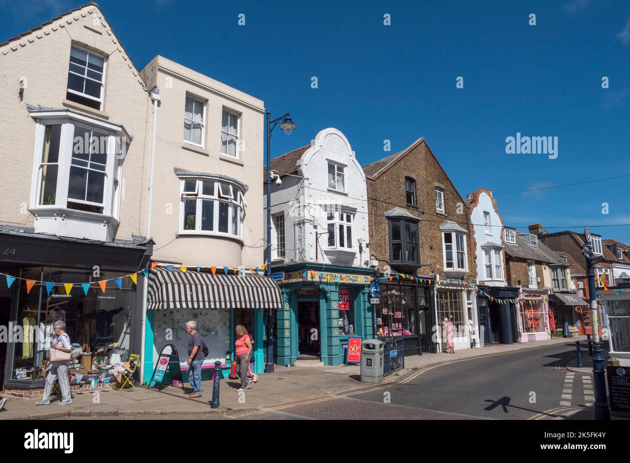 General view of shops on Harbour Street, Whitstable, Kent, UK Stock