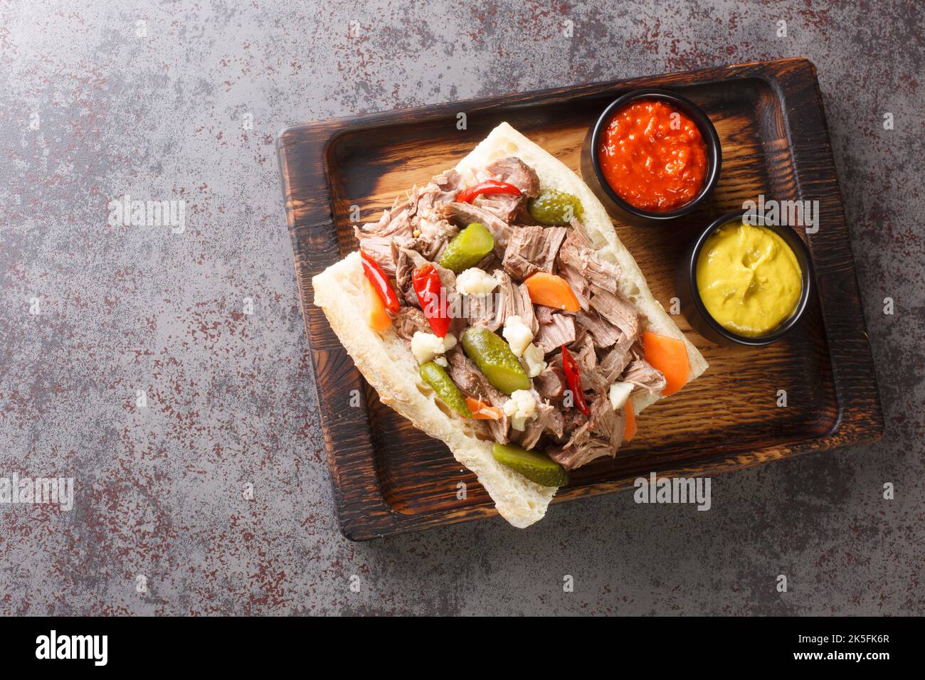 Famous Chicago Italian Beef Sandwich with Giardanarra pickled closeup