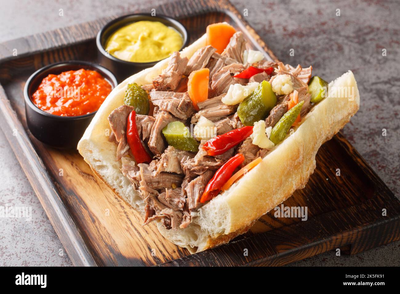 Famous Chicago Italian Beef Sandwich with Giardanarra pickled closeup